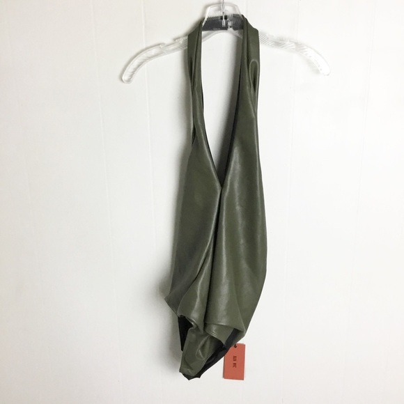 Alix Oliver Faux Leather Halterneck Thong Bodysuit - Green Size L - Picture 5 of 6
